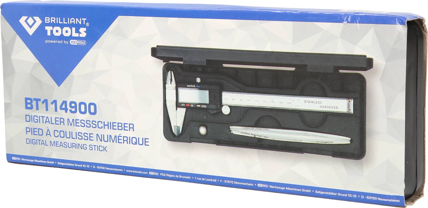 Digitální posuvné měřítko BT114900 od Brilliant Tools v černém pouzdře, ideální pro přesná měření.