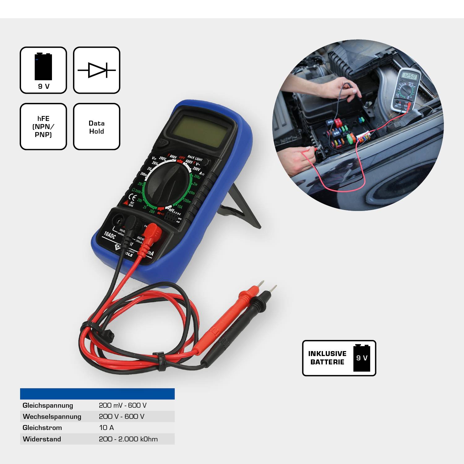 Multimetr měří elektrické napětí, odpor a proud. Obrázek znázorňuje měření na autobaterii. Včetně 9V baterie.
