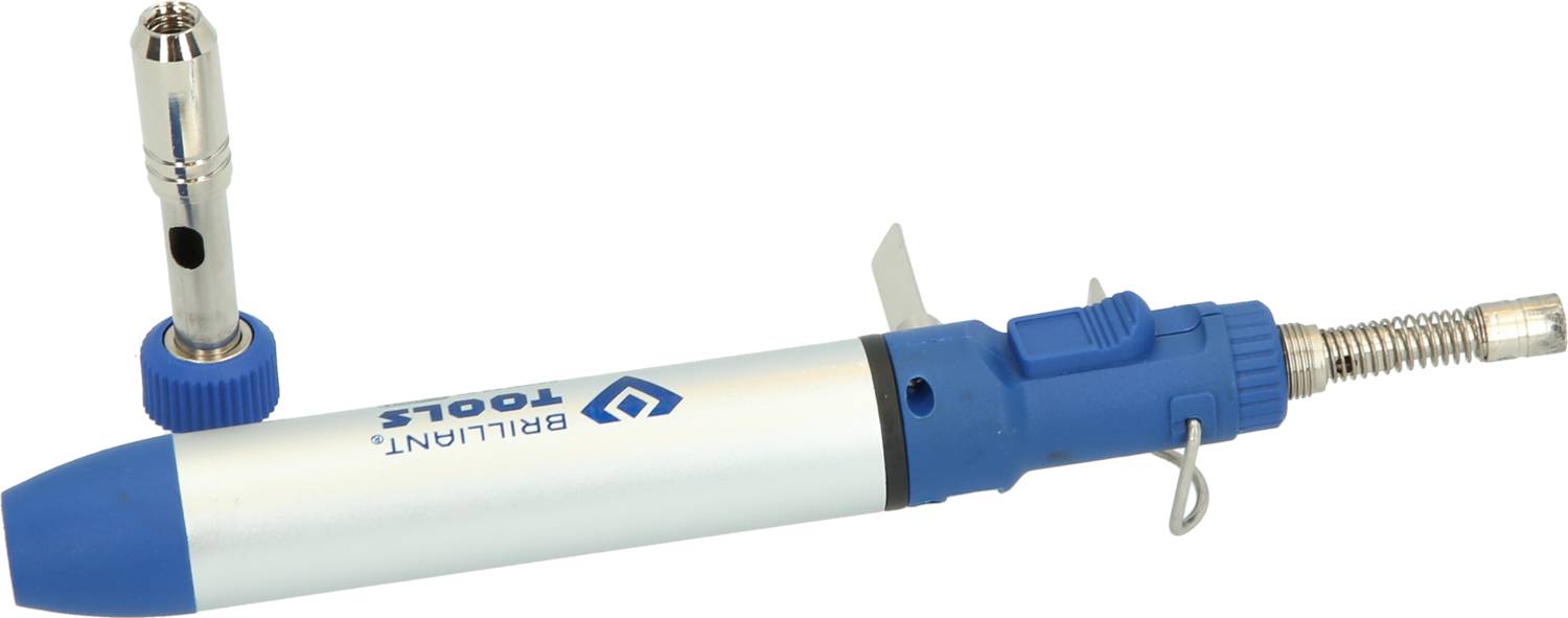 Modrý a stříbrný plynový hořák na butan s odnímatelnou koncovkou od značky Brilliant Tools, primárně určený pro pájení.