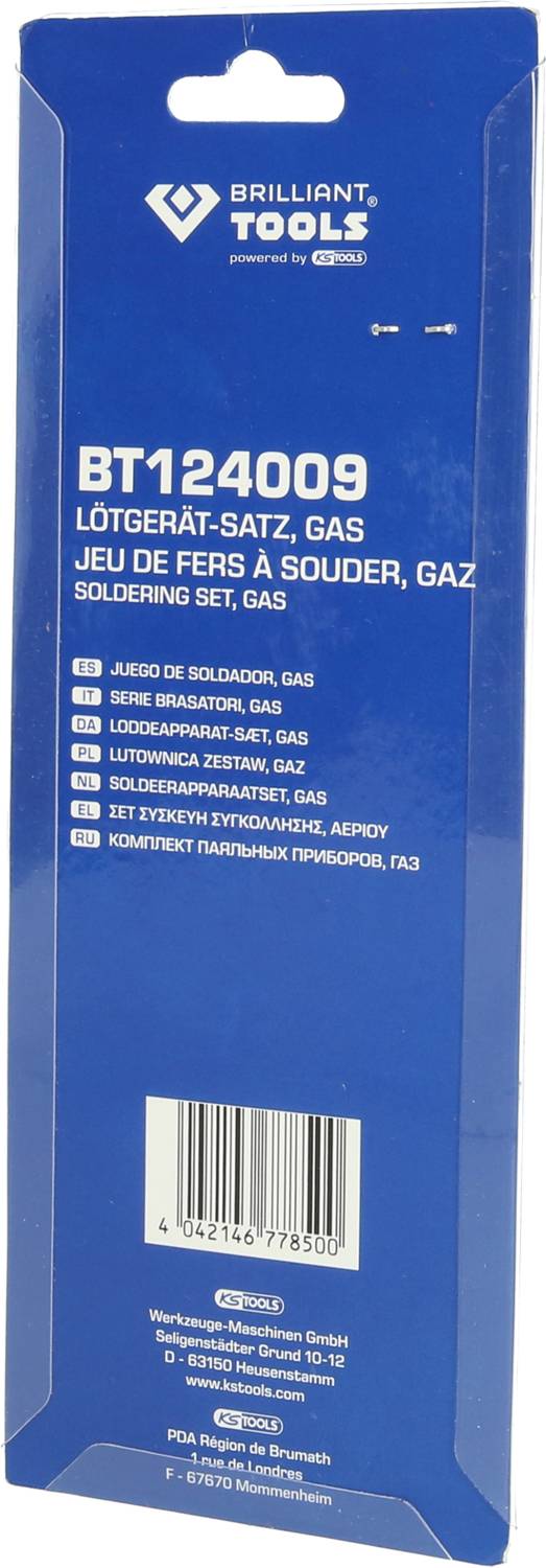 Balení sady pájecích nástrojů s artiklovým číslem BT124009 od firmy Brilliant Tools. Obsahuje informace ve více jazycích.