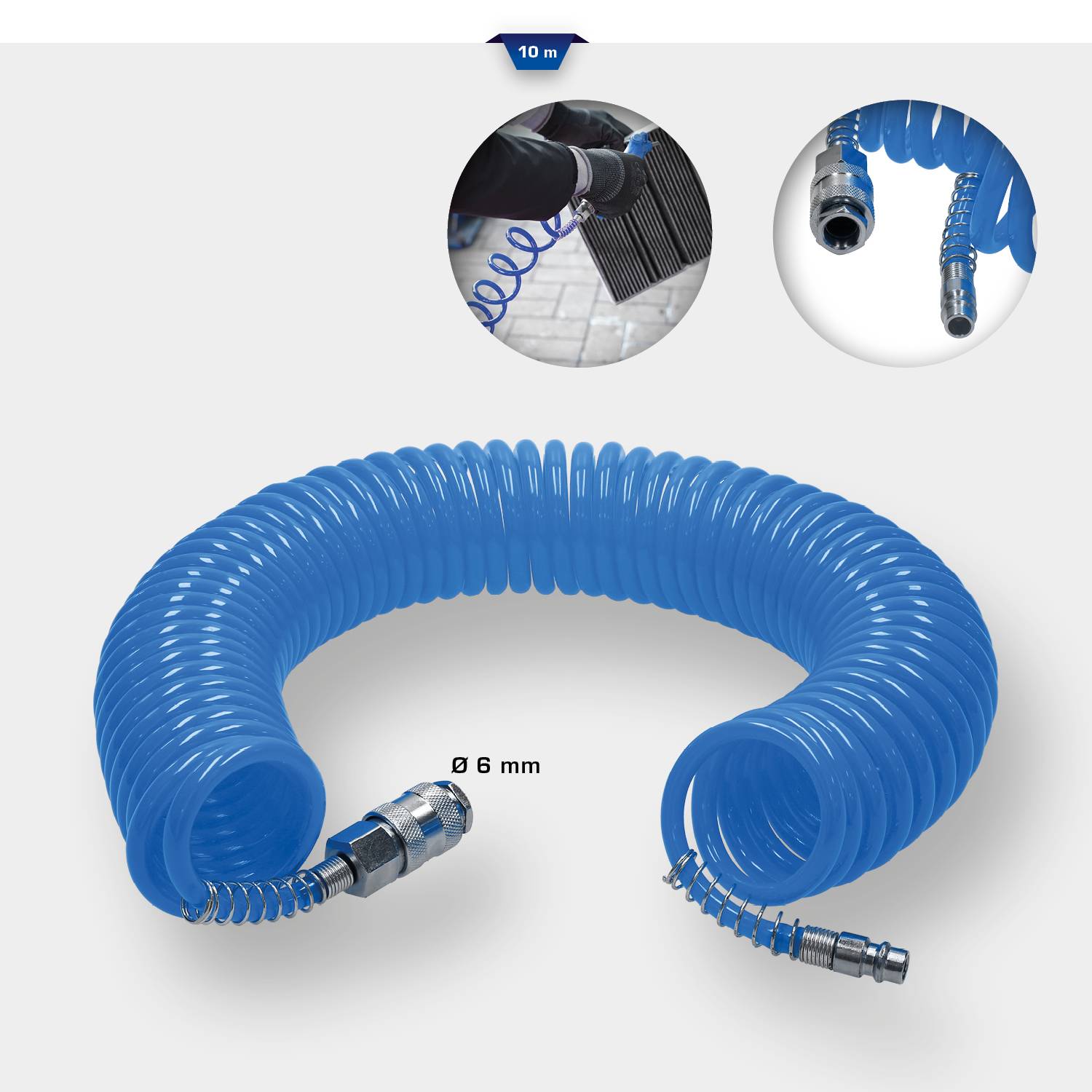 Modrá spirálová hadice, 10 m dlouhá, o průměru 6 mm s kovovým připojením, se používá pro pneumatické nástroje.