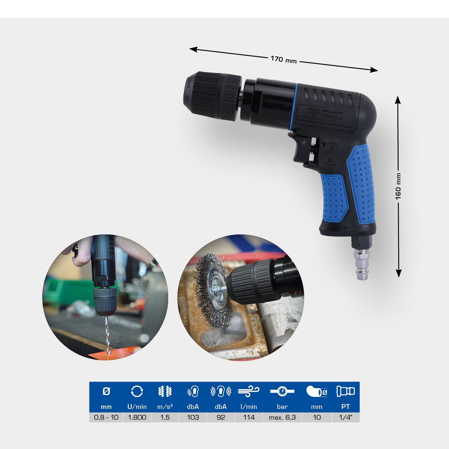 Pneumatická úhlová vrtačka v černé a modré barvě, s technickými symboly a specifikacemi: 0,8-1,0mm, 180l/min, 85dB(A), 114l/s, 6,3bar, 1/4".
