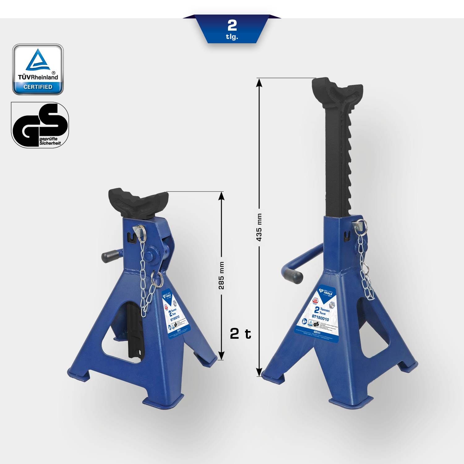 Dva modré podpěrné kozy s nosností 2 tuny. Výška je nastavitelná od 285 mm do 435 mm. Certifikováno TÜV.