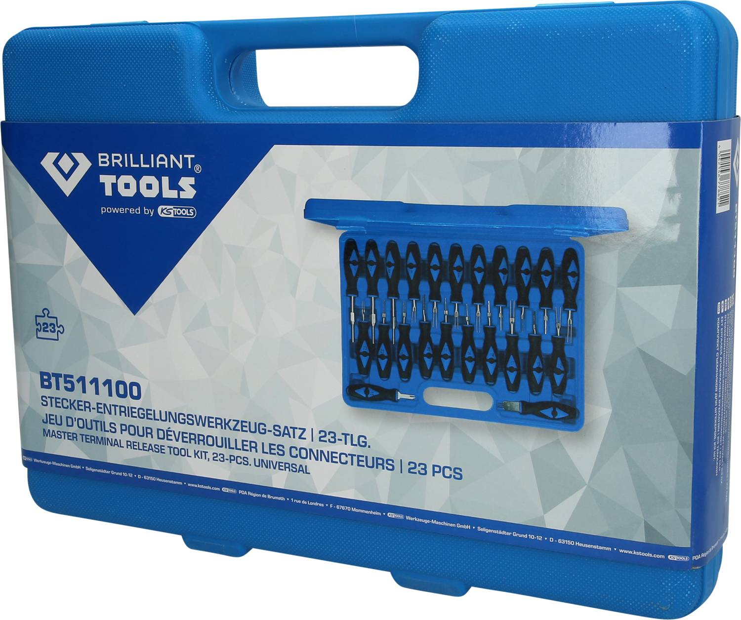 Modrý kufřík s nápisem 'Brilliant Tools BT511100'. Obsahuje 23dílnou sadu nástrojů pro zajišťování konektorů.