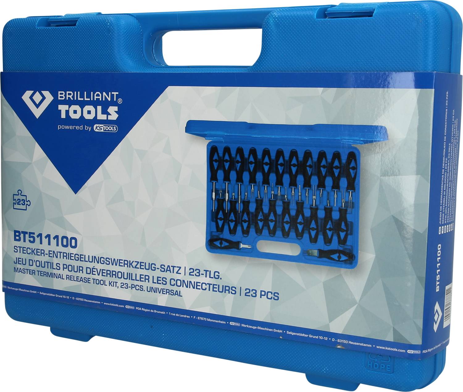 Modrý kufřík na nářadí s nápisem 'BRILLIANT TOOLS'. Obsahuje 23dílnou sadu uvolňovacích nástrojů pro konektory (BT511100).