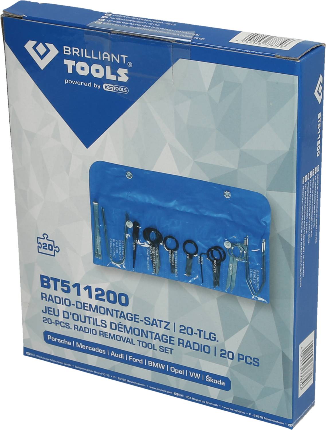 Sada nástrojů 'Brilliant Tools' BT511200 pro demontáž autorádia, 20 dílů. Obsahuje nástroje pro demontáž autorádií značek jako Porsche a Mercedes.