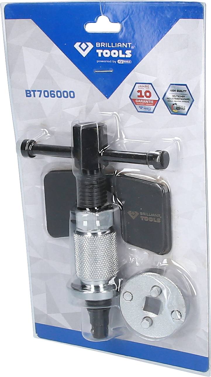 Obrázek zobrazuje sadu nástrojů 'Brilliant Tools' BT706000 pro stlačení brzdových třmenů. Obsahuje hlavní nástroj a adaptéry.