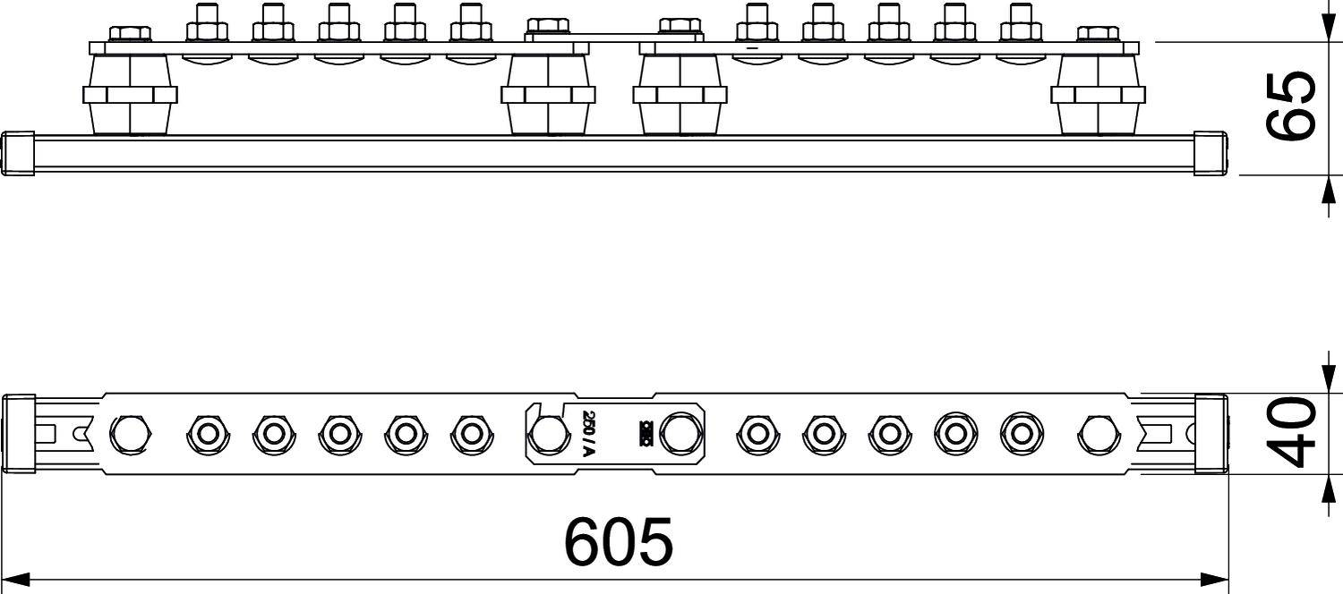 Technický výkres kovového nosníku, 605 mm dlouhého, s pěti přípoji a rozměry 40 mm výšky a 65 mm šířky.
