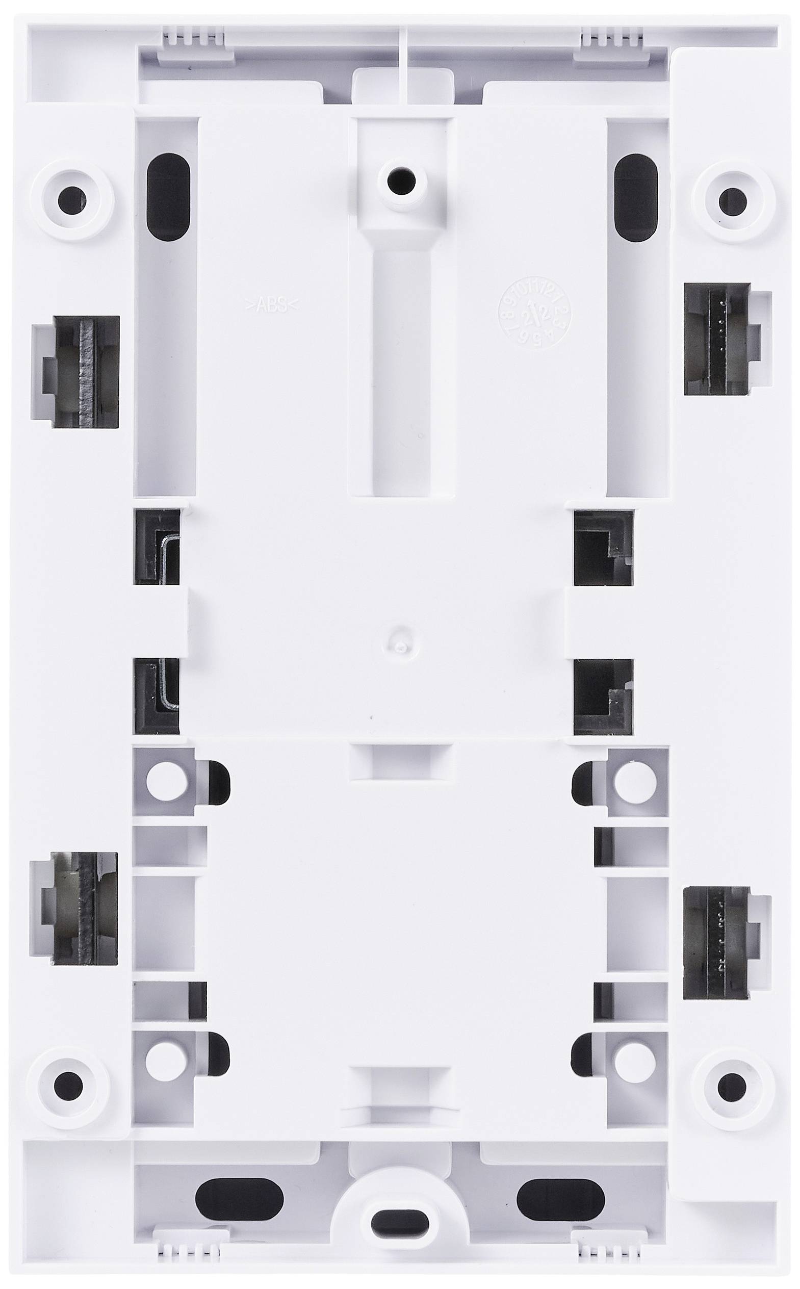 Bílý, obdélníkový plastový montážní rámeček, pravděpodobně určený pro elektrické spínače nebo zásuvky.