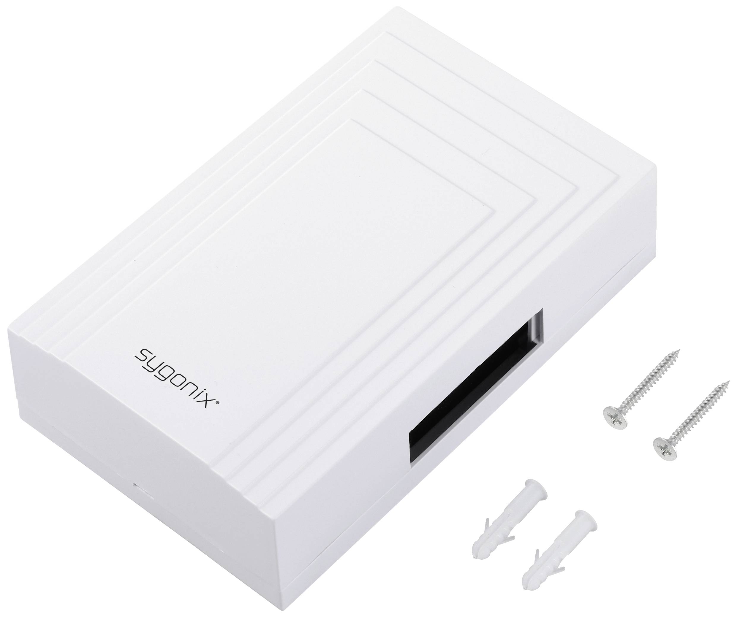 Bílý plastový box s nápisem 'sygonix', dva šrouby a odpovídající hmoždinky vedle něj.