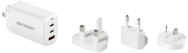 VOLTCRAFT UC-3ACX004 cestovní nabíječka, GaN, s adaptérem pro Evropu, s britským adaptérem, s americkým adaptérem, s australským adaptérem, 1x USB A , 2x USB-C®, 65 W, Dodávka energie, bílá