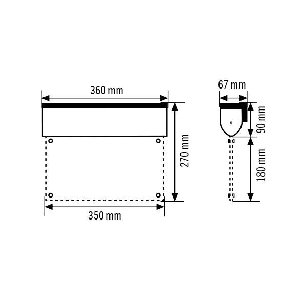 Výkres rozměrů obdélníkového dílu: 360 mm šířka, 270 mm výška, 350 mm hloubka. Detailní pohled vpravo ukazuje 67 mm šířky, 180 mm výšky.