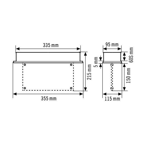 Technický výkres obdélníkové kovové krabice s rozměry: délka 355 mm, šířka 115 mm, výška 215 mm.