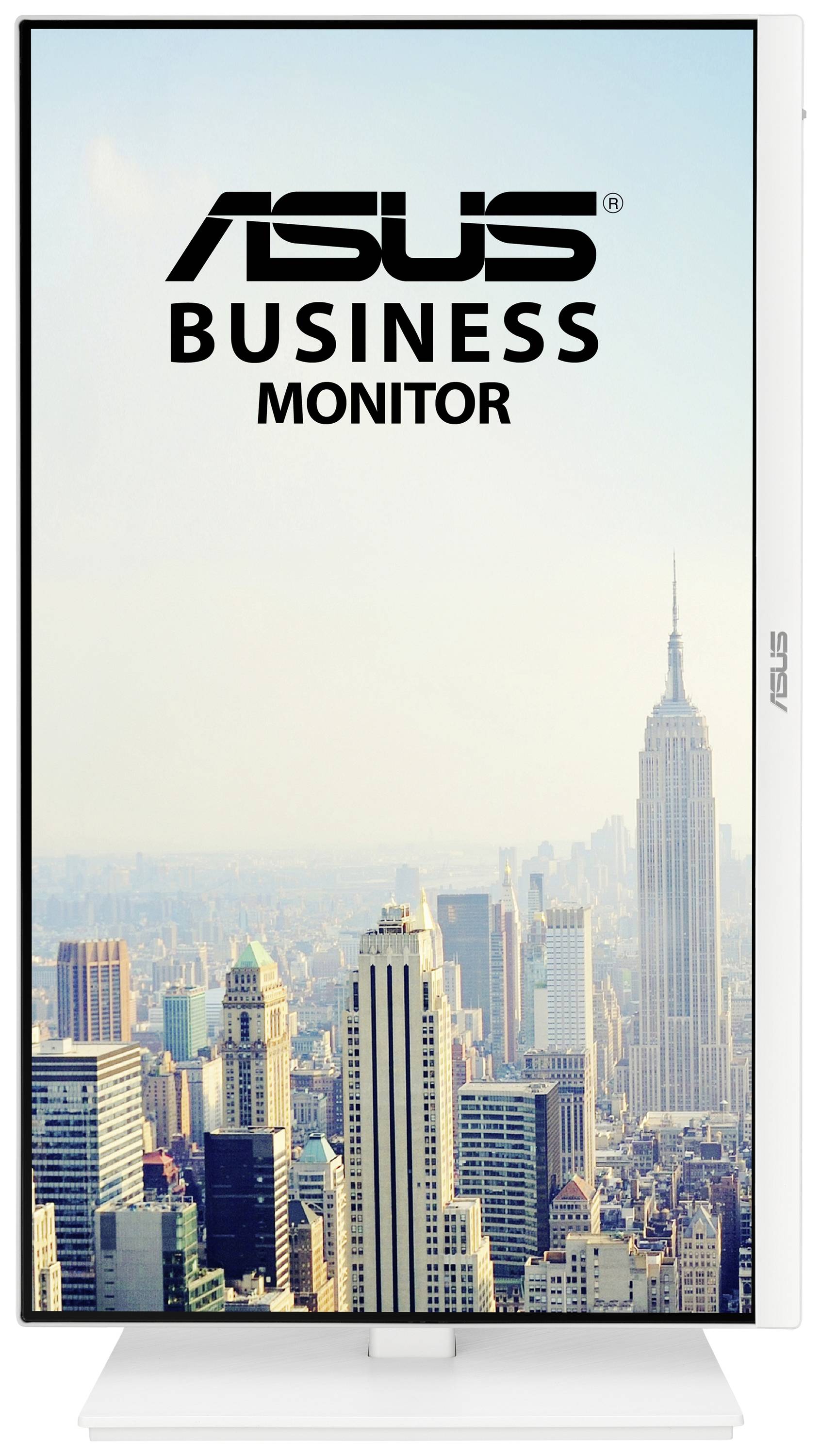 Obchodní monitor ASUS zobrazuje panorama města s několika mrakodrapy, mezi nimiž vyniká výrazná věž v pozadí.