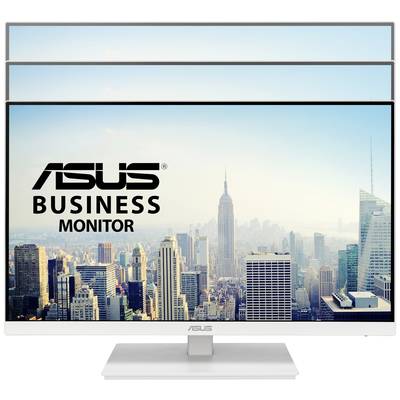 Obchodní monitor ASUS zobrazuje panorama města s vysokými budovami pod jasnou oblohou. Logo ASUS je viditelné na obrazovce.