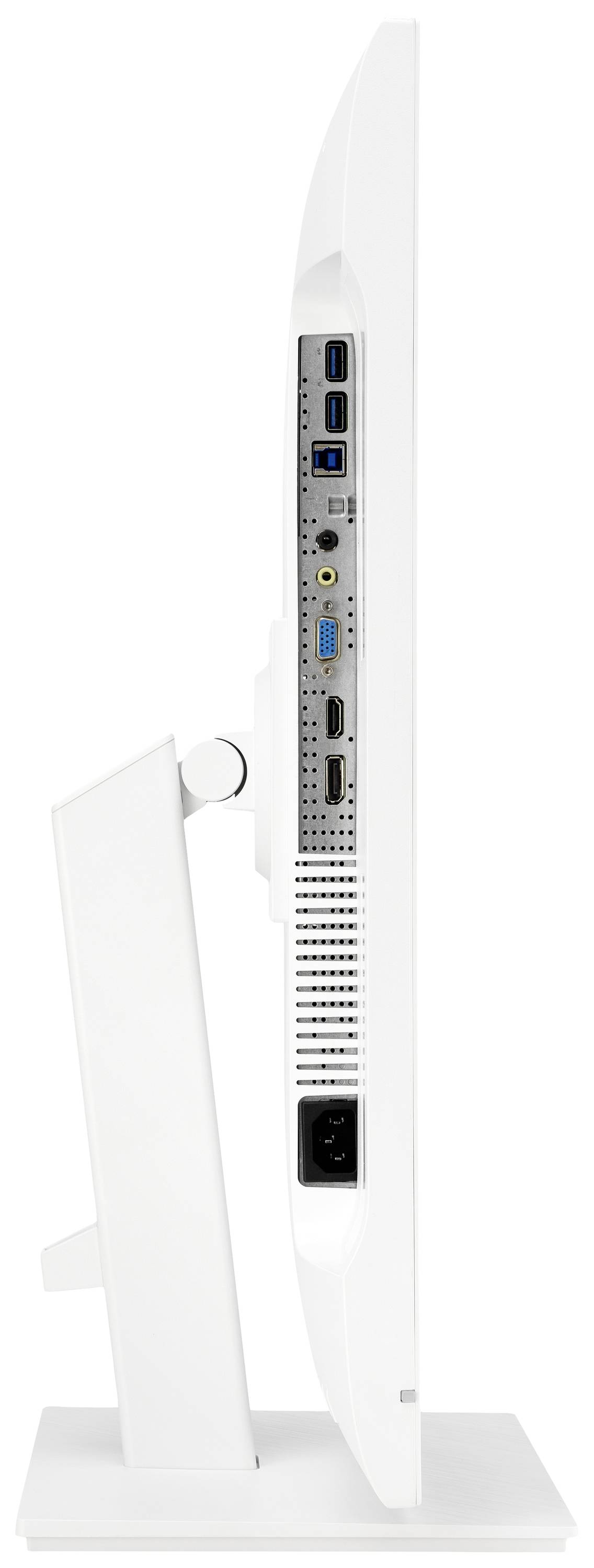 Boční pohled na bílou obrazovku počítačového monitoru, která zobrazuje několik portů: USB, HDMI a VGA. Stojan je nastavitelný.