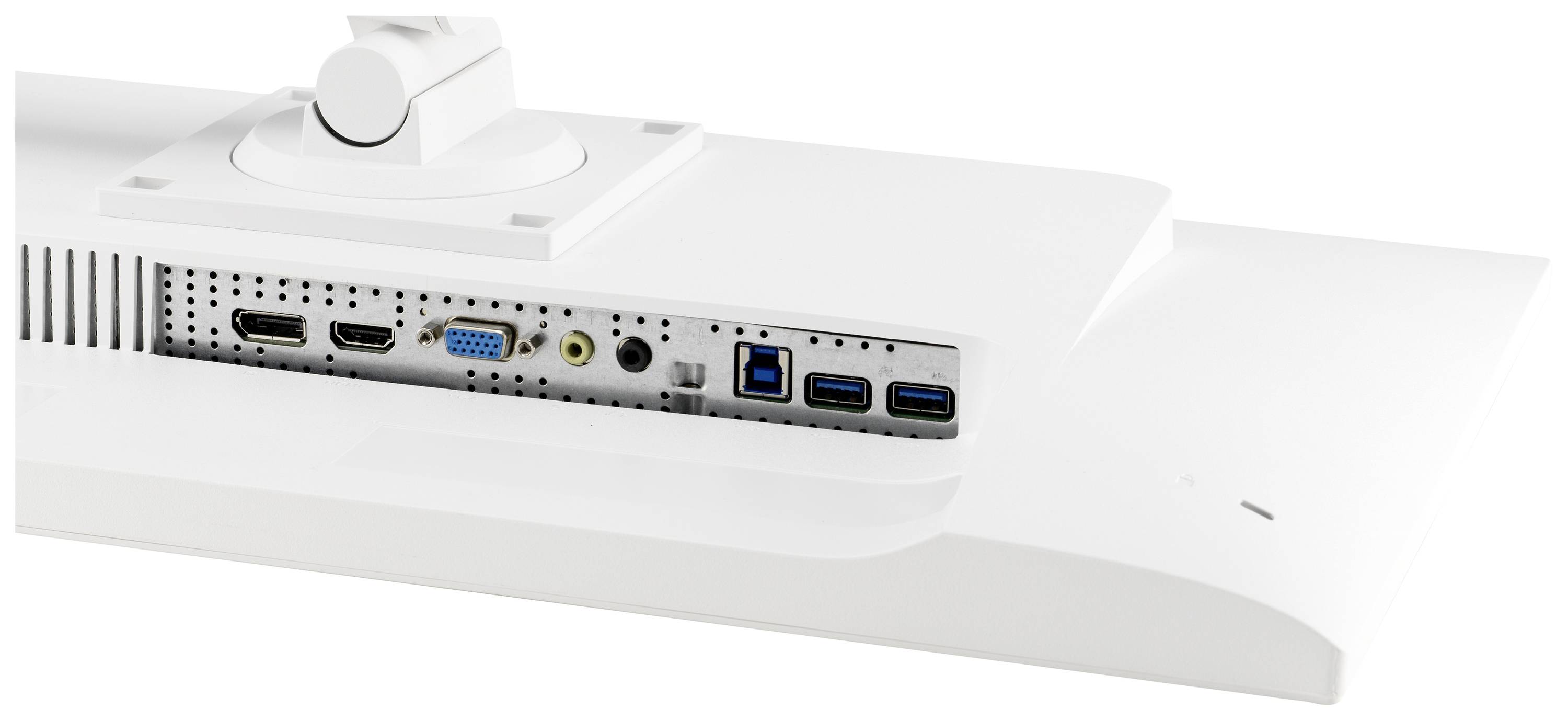 Zadní strana bílého monitoru s připojovacími možnostmi: viditelné porty HDMI, VGA, audio, USB a USB 3.0.