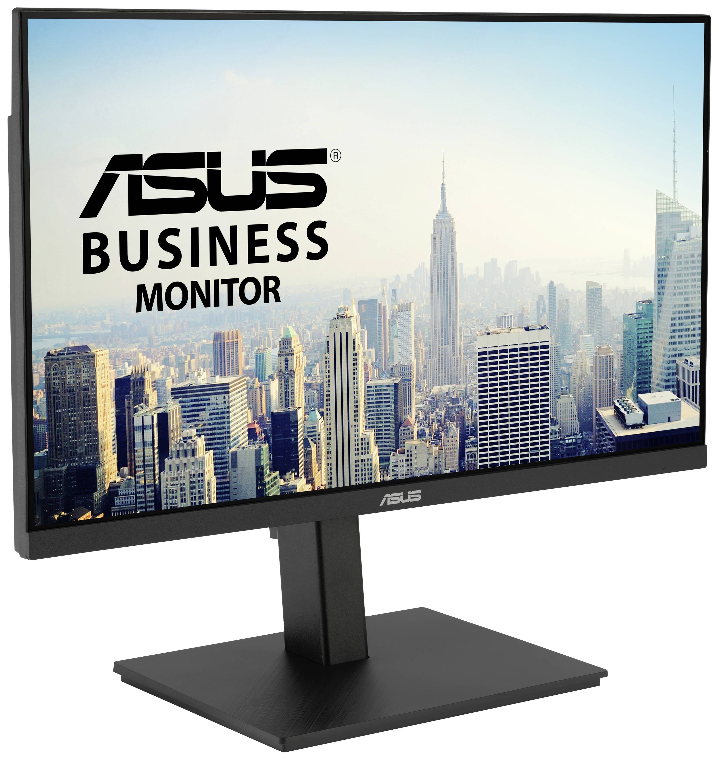 Obchodní monitor ASUS zobrazuje panorama města s mrakodrapy. Ideální pro firemní aplikace a produktivní práci.