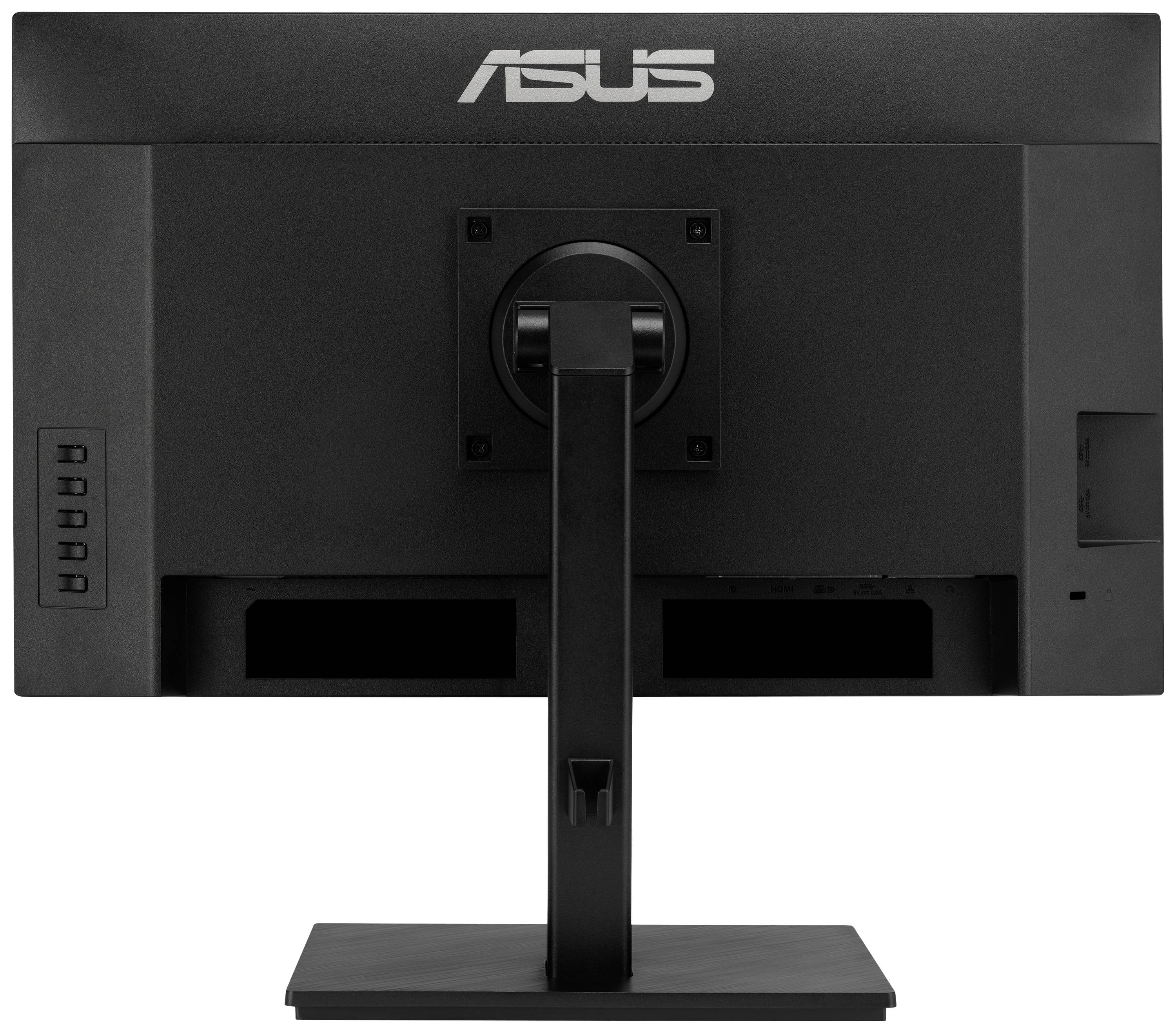 Monitor Asus, pohled zezadu: Černý, s nastavitelným stojanem výšky a ovládacími prvky na levé straně.