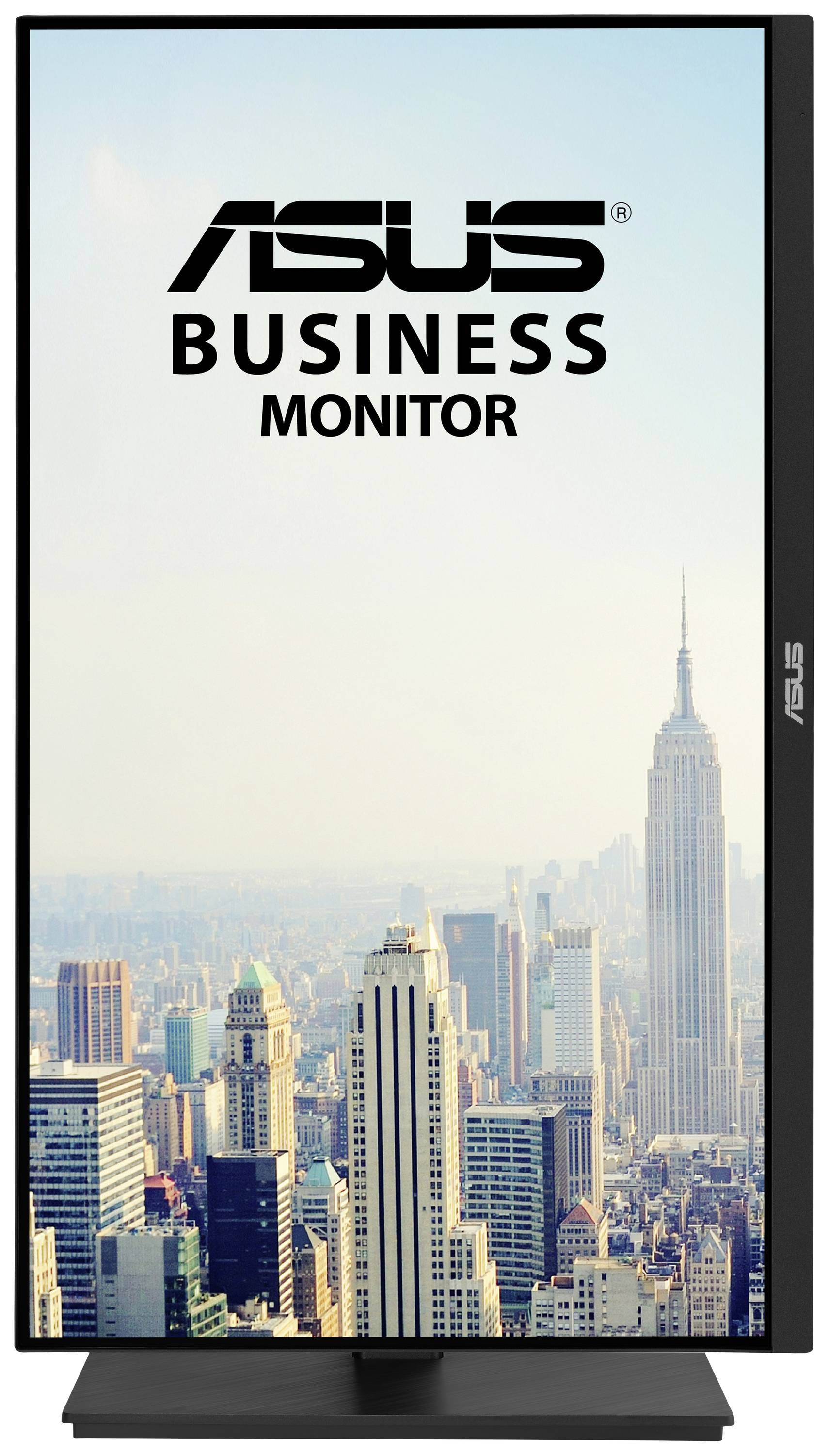 ASUS obchodní monitor zobrazuje fotografii měst v Portrait orientaci, na které jsou mrakodrapy a Empire State Building.