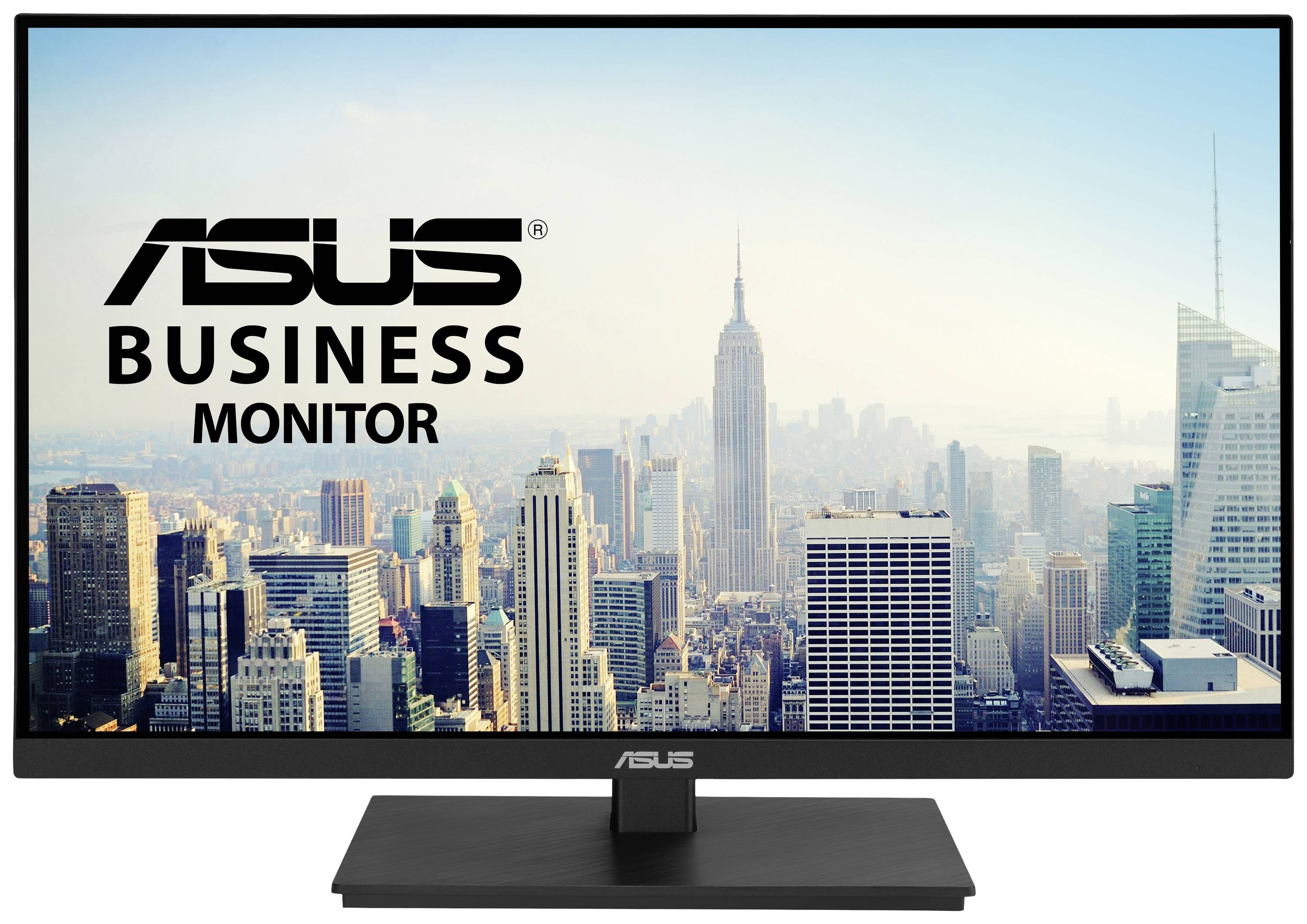 Obchodní monitor ASUS zobrazuje pohled na město s mrakodrapy, včetně rozpoznatelné výrazné budovy.