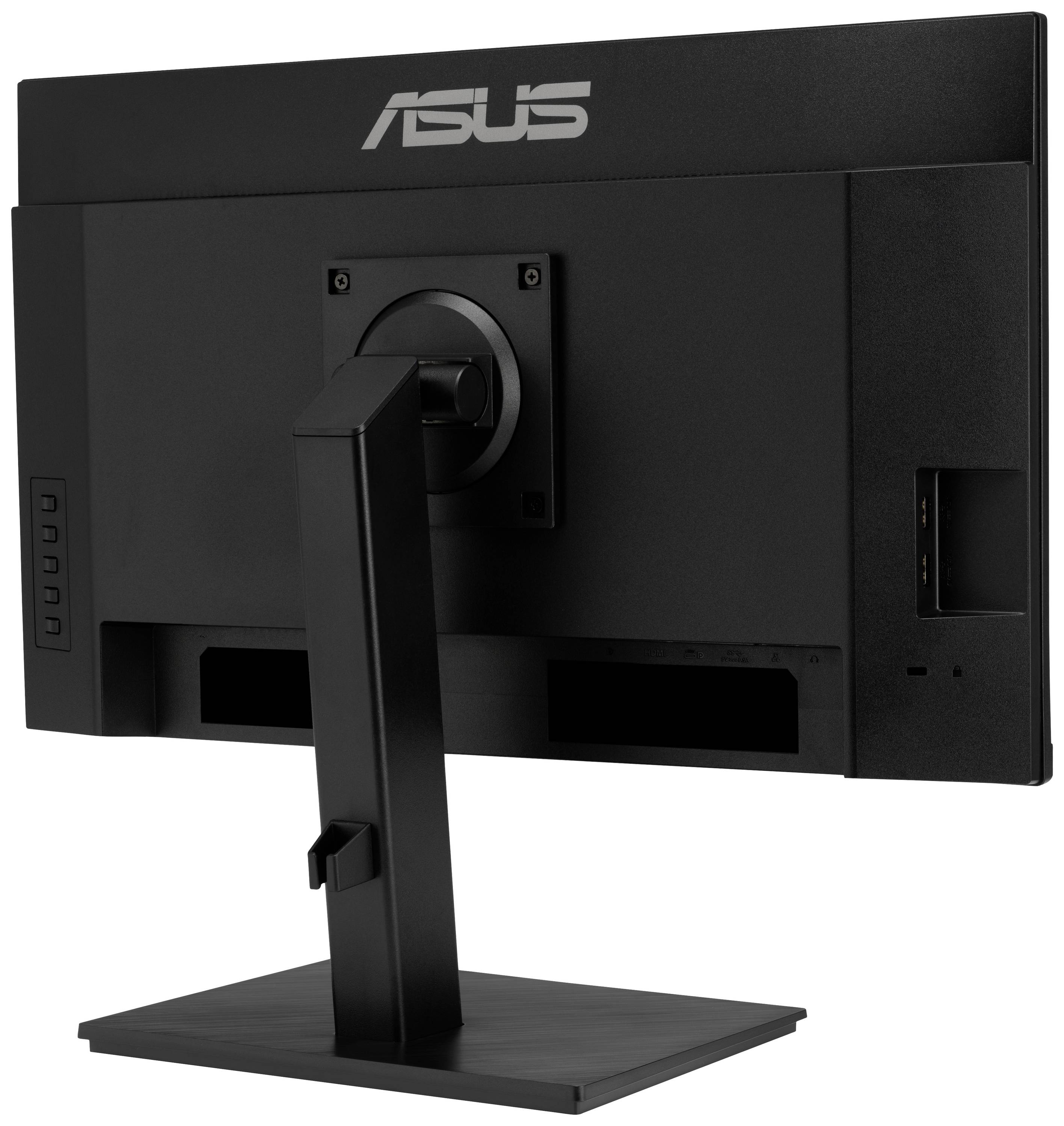Černý počítačový monitor značky ASUS, zobrazený zezadu, s obdélníkovým stojanem.