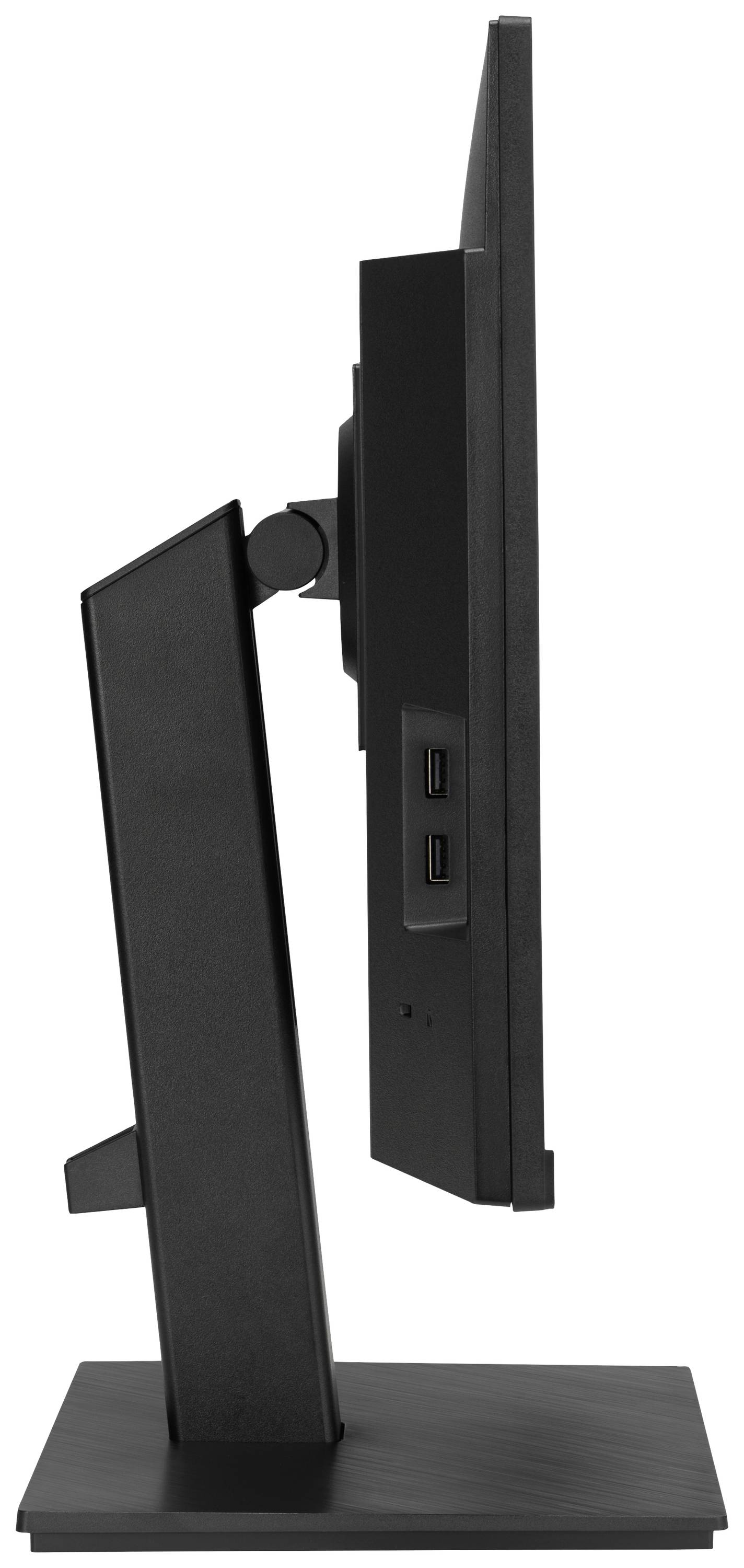 Boční pohled na černý počítačový monitor s obdélníkovým stojanem a úzkým rámečkem, který zobrazuje dva USB porty po straně.