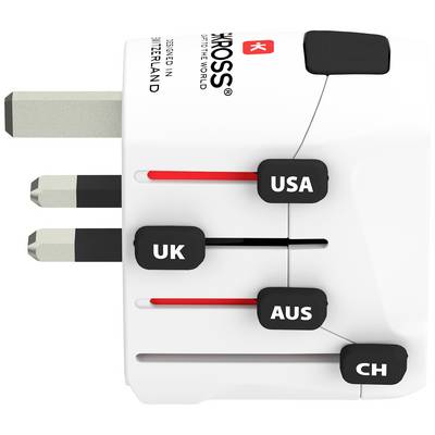 Bílý cestovní adaptér s výsuvnými zástrčkami pro UK, USA/AUS a CH, vhodný pro globální elektrické připojení.