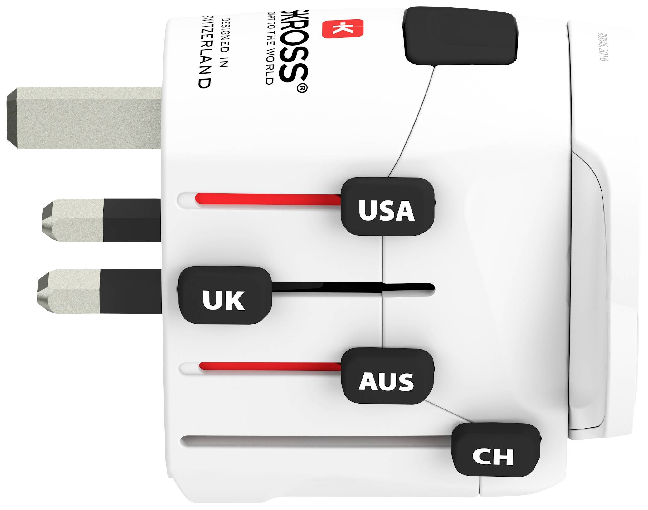 Univerzální cestovní adaptér s nastavitelnými zástrčkami pro Velkou Británii, USA, Austrálii a Švýcarsko. Kompaktní a všestranný pro mezinárodní cesty.