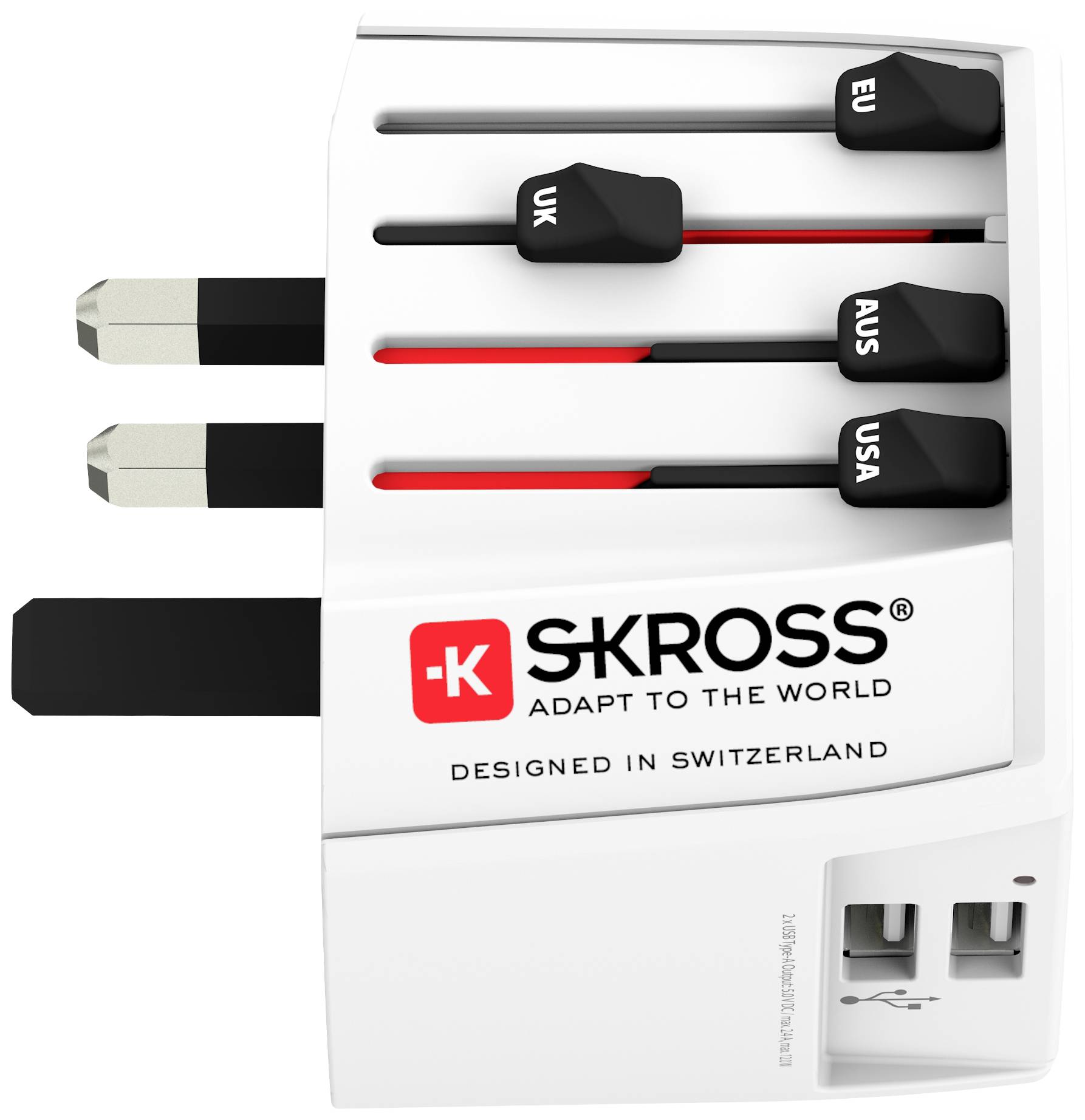 Multifunkční cestovní adaptér s posuvnými přepínači pro UK, EU, AUS, USA, dvěma USB porty, v bílém provedení.