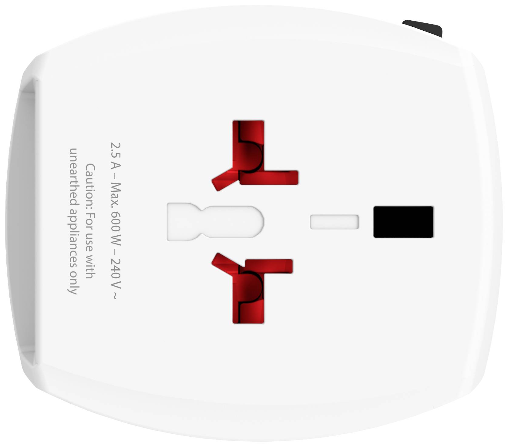 Bílá adaptérová zásuvka s červeným spínačem, max. 600 W, 240 V, pro neuzemněná zařízení.
