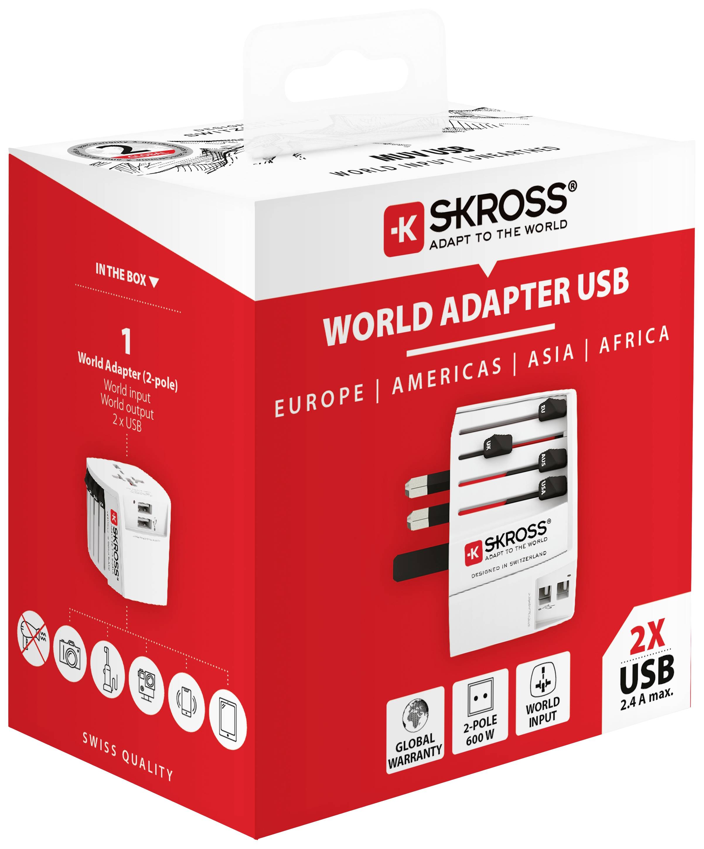 'SKROSS World Adapter USB': Světový USB adaptér, kompatibilní v Evropě, Americe, Asii, Africe. Obsahuje 2 USB porty, max. 2,4 A.