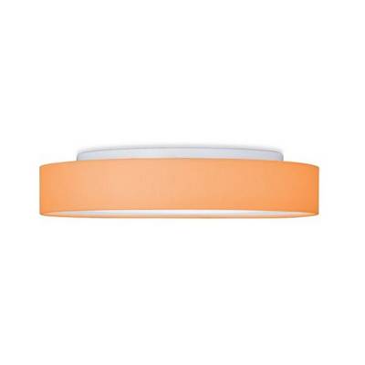 Oranžové stropní svítidlo, kulaté a ploché, s bílým světelným difuzorem, na bílém pozadí. Minimalistický design.