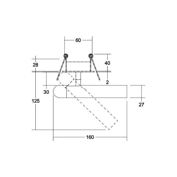 Technický výkres kovového úhlu s podrobnými rozměry v milimetrech; zobrazuje polohu a rozměry.