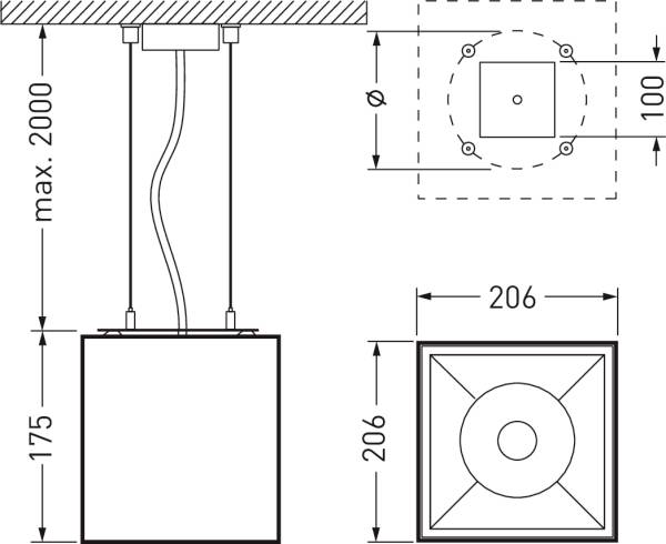 Diagram stropního svítidla s rozměry: šířka 206 mm, výška nastavitelná až do max. 2000 mm. Zobrazuje pohled shora a boční pohled.