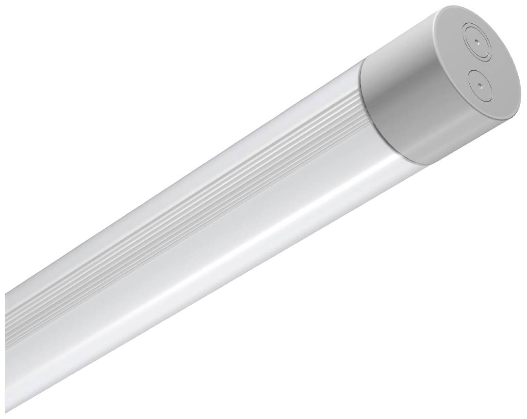 LED zářivková trubice válcovitého tvaru se stříbrným koncovým uzávěrem a vroubkovaným pláštěm.