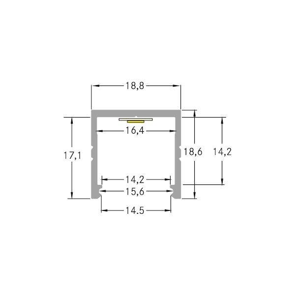 Technický výkres hliníkového U-profilu s rozměry: šířka 18,8 mm, výška 17,1 mm, vnitřní hloubka 16,4 mm, délka čelní strany 14,5 mm.