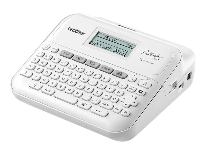 Štítkovač s klávesnicí a displejem, který tiskne štítek s nápisem 'P-touch D410'.