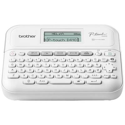 Bílé elektronické štítkovací zařízení s klávesnicí QWERTZ a displejem, na kterém je zobrazeno 'P-touch D410'.