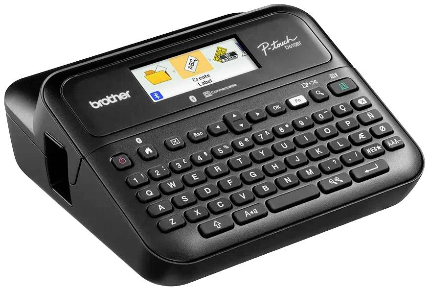 Tiskárna štítků s QWERTZ klávesnicí a displejem. Na displeji zobrazuje 'E-Mail štítek'. Od společnosti Brother, model P-touch GL-H105.