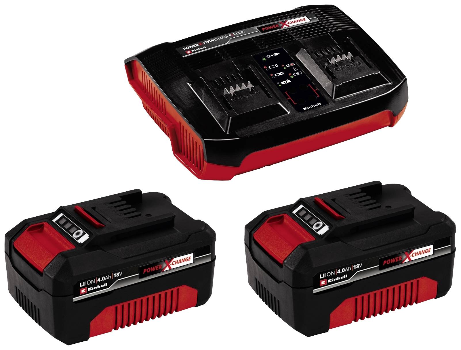 Nabíječka se dvěma černými a červenými akumulátory. Text: 'POWER X-CHANGE'. Vhodná pro lithium-iontové akumulátory 18V.