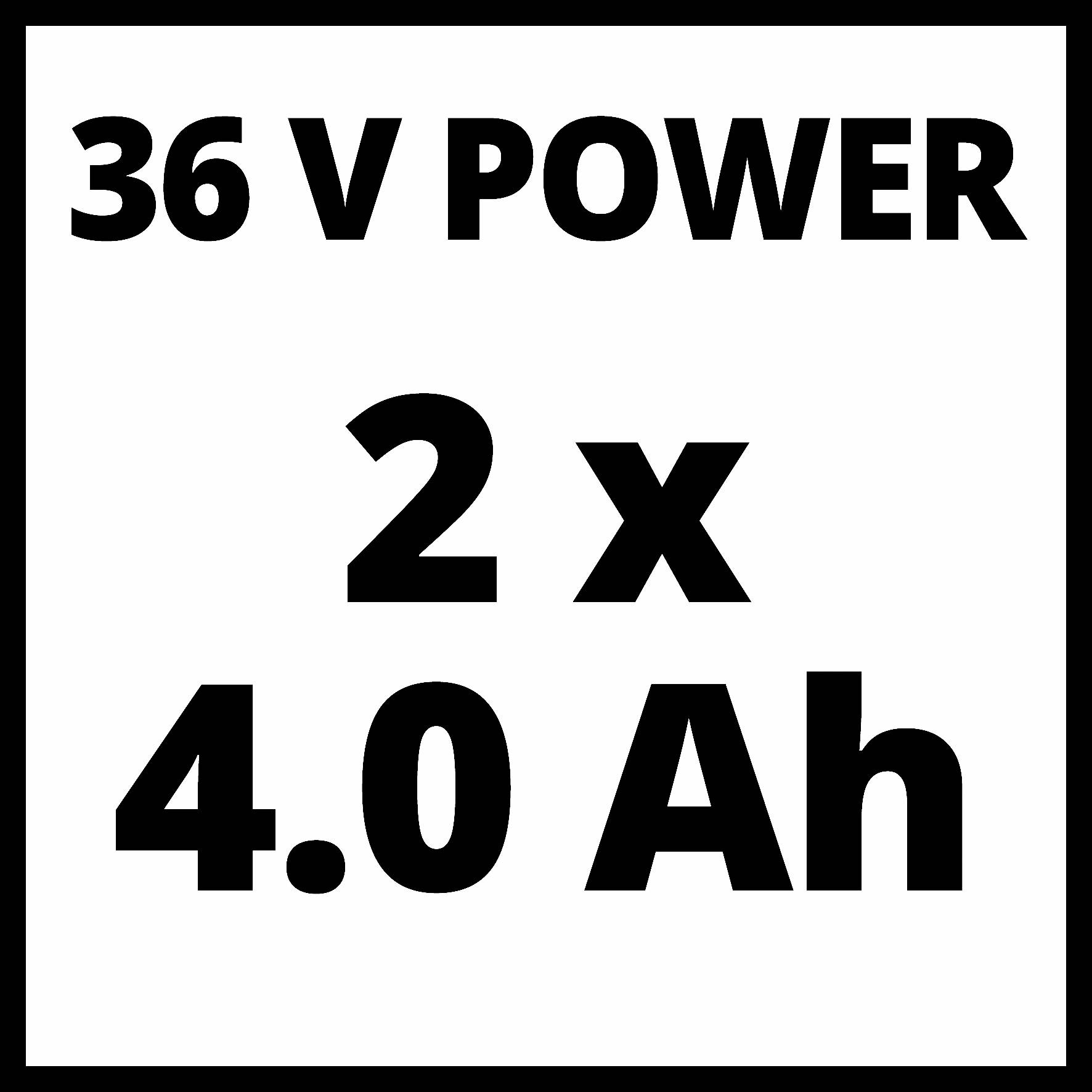 36 V napájení, 2 x 4,0 Ah v černém písmu na bílém pozadí.