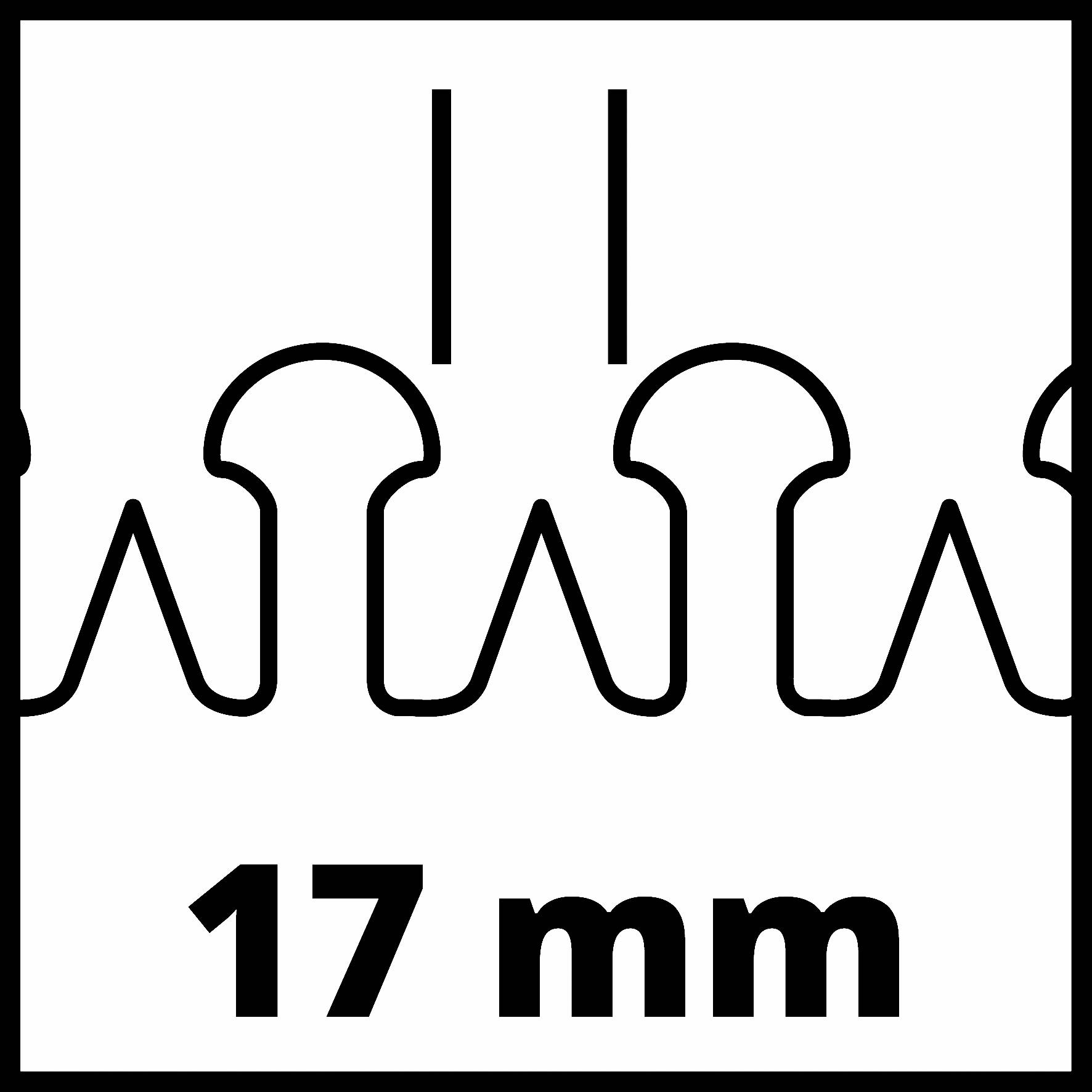 Symbol znázorňuje zubový rozestup 17 mm, který je vyobrazen pomocí zubatých čar a textu '17 mm'.