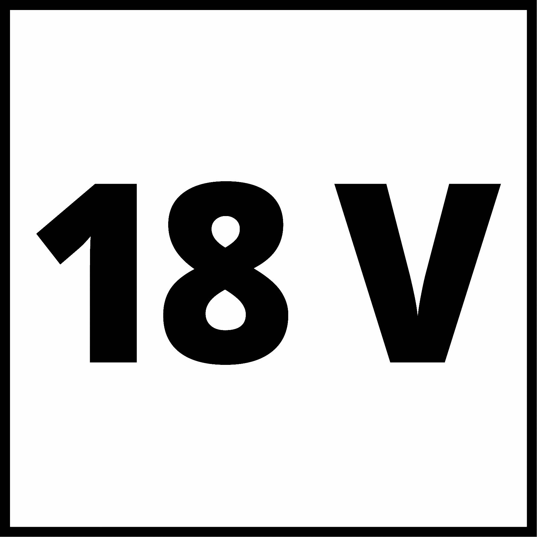 '18 V' černým písmem na bílém pozadí.