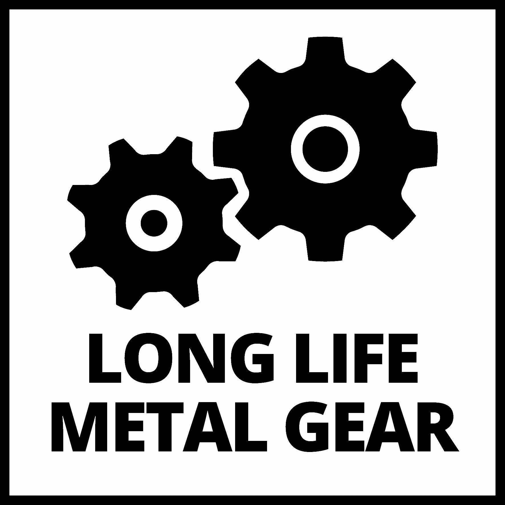 Dvě ozubená kola s textem 'LONG LIFE METAL GEAR'. Symbolizují dlouhověké kovové převody.