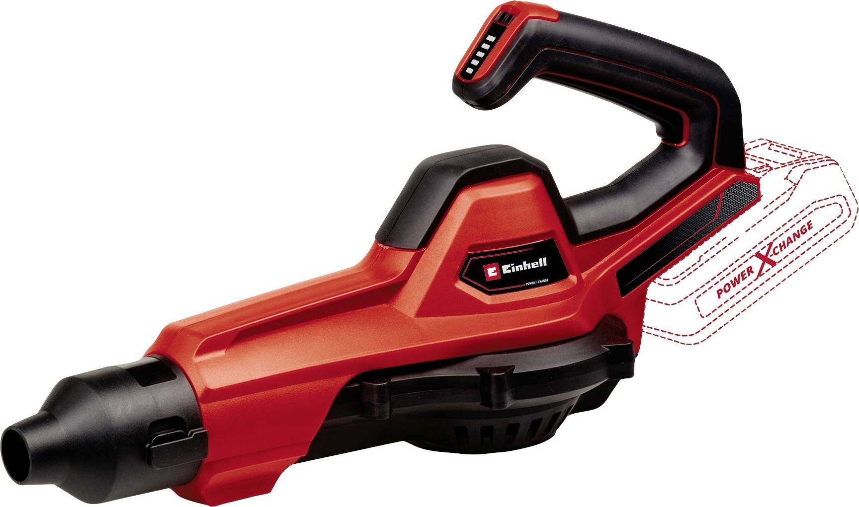 Červený, přenosný akumulátorový vysavač na listí s ergonomickou rukojetí a bočním připojovacím prostorem. Ideální pro sběr listí na zahradě.