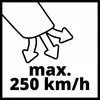 „Výstražný symbol se třemi vycházejícími šipkami ukazujícími na 'max. 250 km/h'."