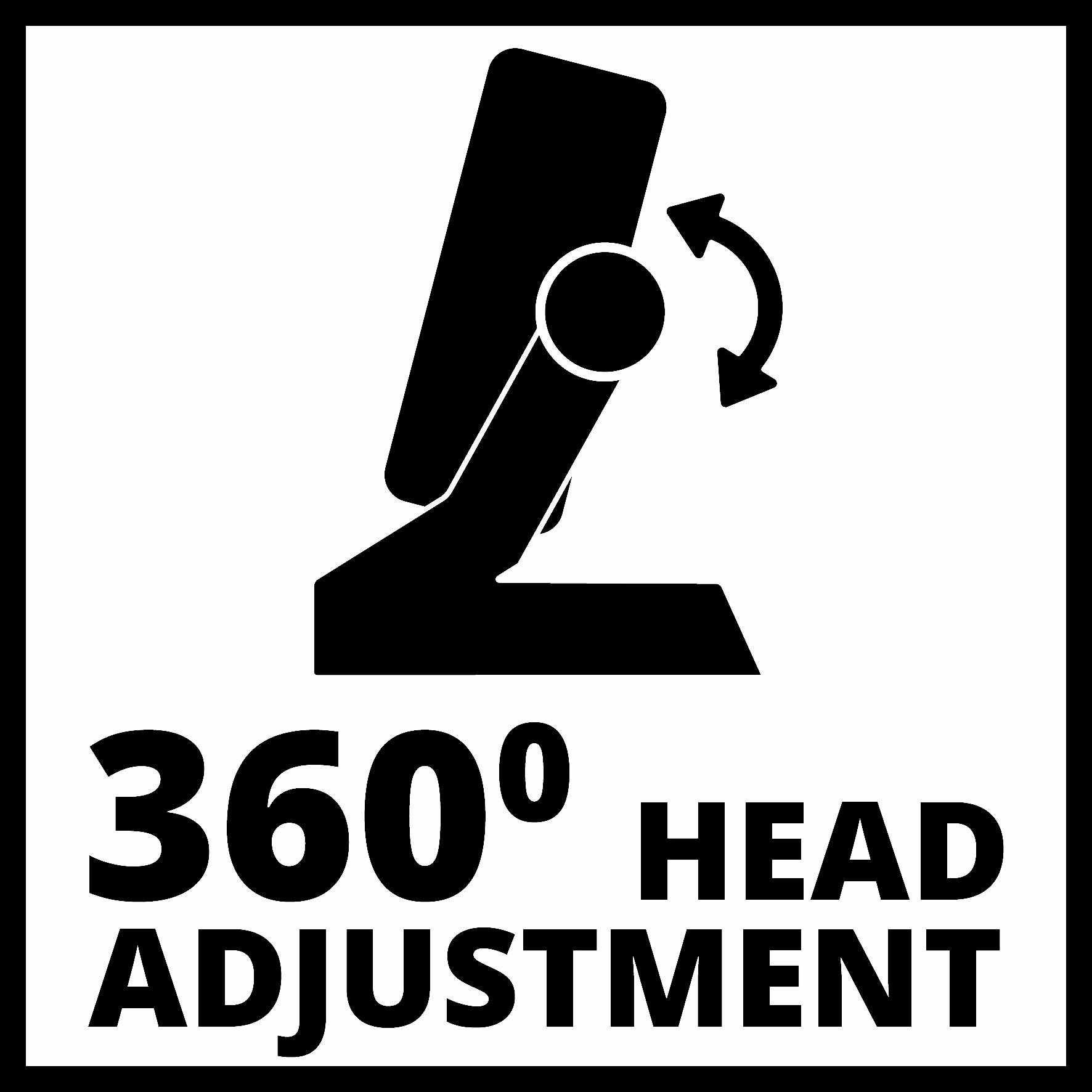 Ilustrace obrazovky s otočnou hlavou o 360 stupňů, text: 360° nastavení hlavy.