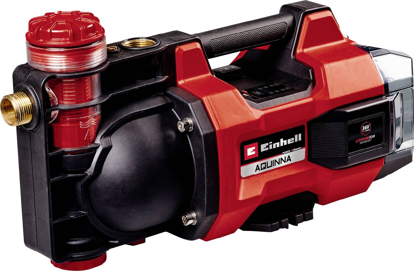 Červená a černá přenosná vodní pumpa Einhell AQUINNA s rukojetí pro přepravu a hadičkovými připojovacími místy, zobrazená na bílém pozadí.