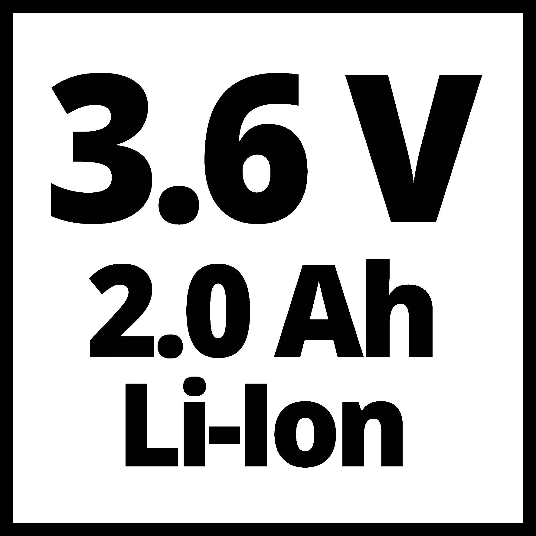 „3,6 V 2,0 Ah Li-Ion" je napsáno černým textem na bílém pozadí.